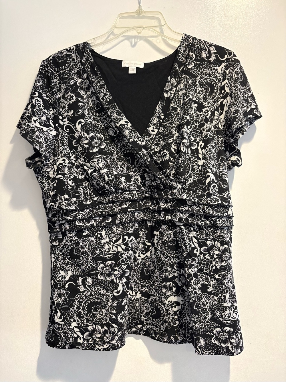 Charter Club Black & White Floral Wrap-Style Blouse